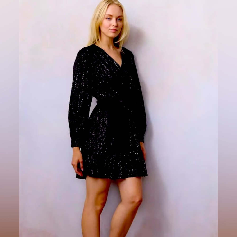 Black Sequin Mini Wrap Dress